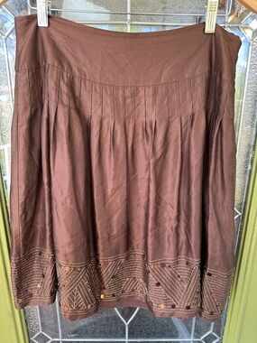 Alfani 12 petite Silk Cotton Brown Bohemian Sequin Embroidered Knee Length Skirt